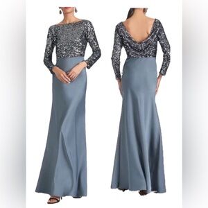 SACHIN & BABI 
Collette Sequin Bodice Long Sleeve Satin Gown Sz 8